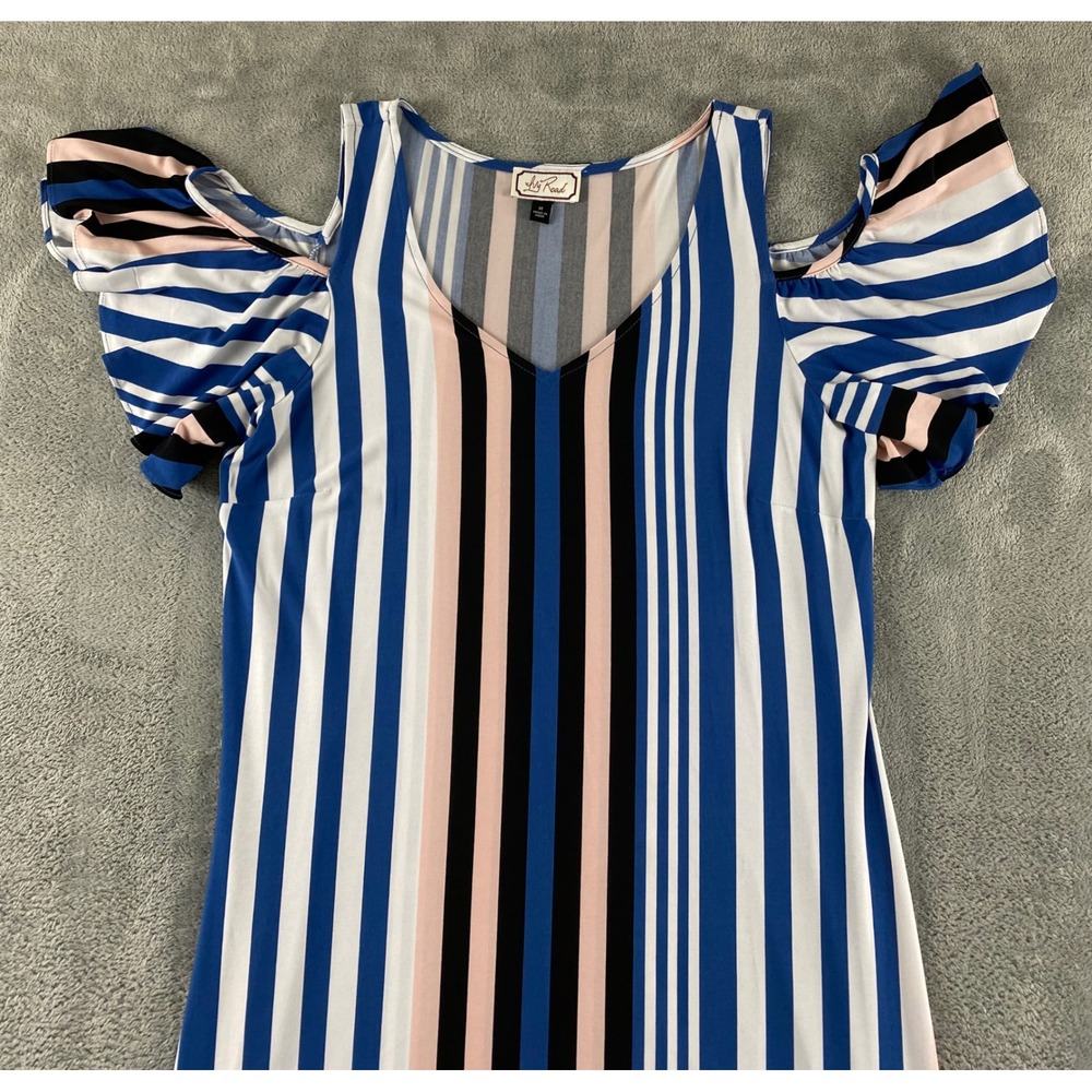 Ivy Road Womens Blue Pink Striped Cold Shoulder V-Neck Flutter Sleeve Dress M - Picture 2 of 12